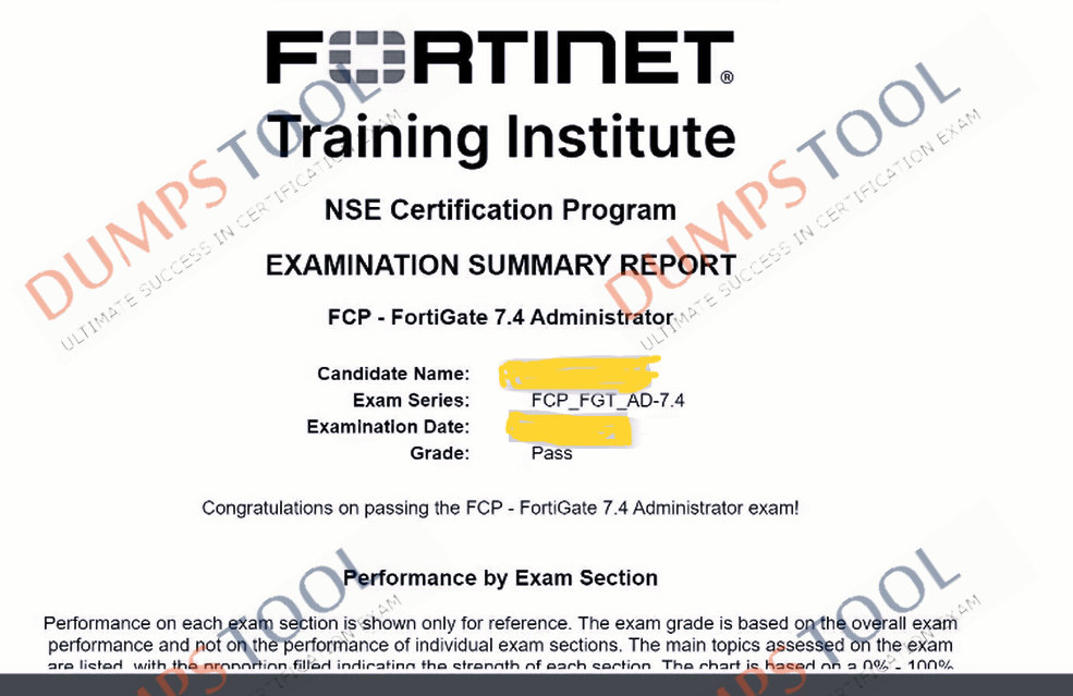 Verified passing score report for the Fortinet FCP_FGT_AD-7.4 exam 2