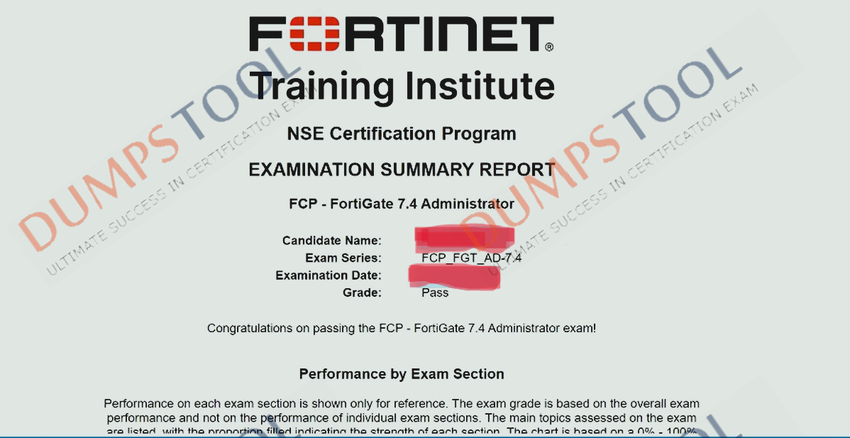 Verified passing score report for the Fortinet FCP_FGT_AD-7.4 exam 1