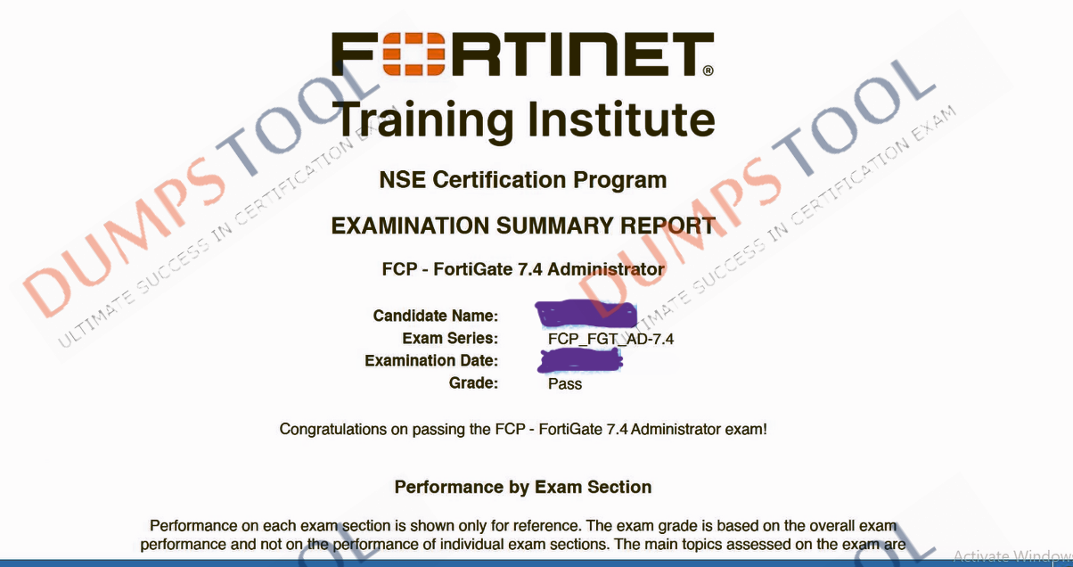 Verified passing score report for the Fortinet FCP_FGT_AD-7.4 exam 4