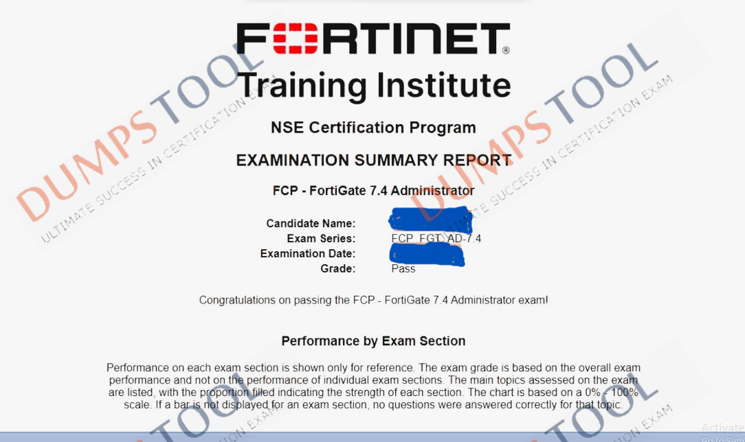 Verified passing score report for the Fortinet FCP_FGT_AD-7.4 exam 5