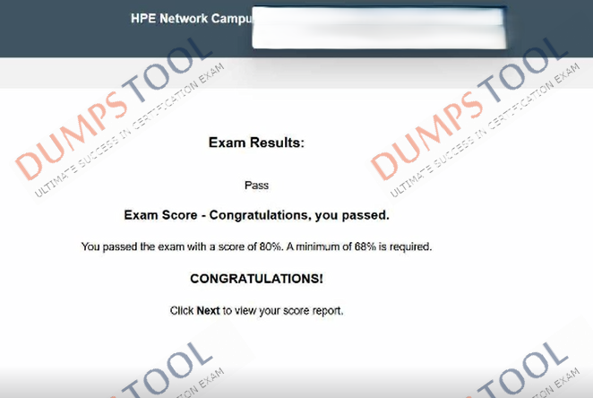 Verified passing score report for the HP HPE6-A85 exam 1
