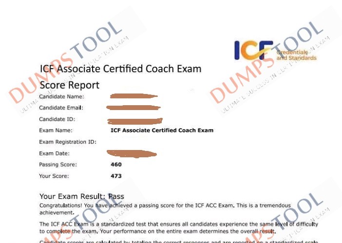 Verified passing score report for the ICF ICF-ACC exam 1