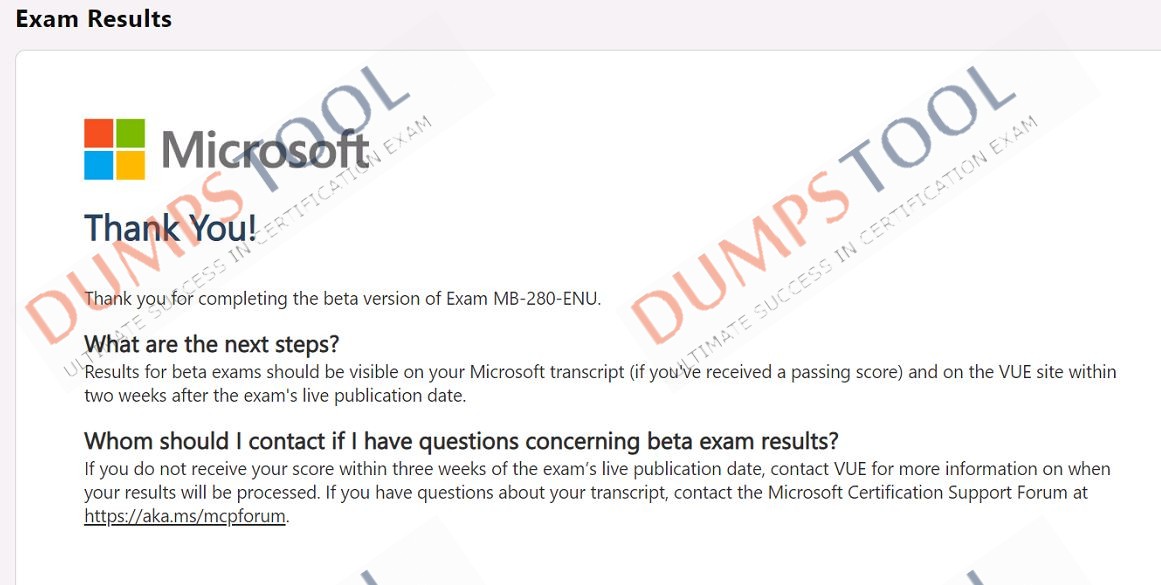 Verified passing score report for the Microsoft MB-280 exam 1