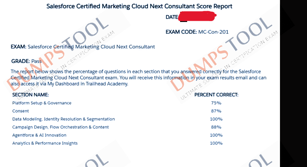 Verified passing score report for the Salesforce MC-Con-201 exam 2