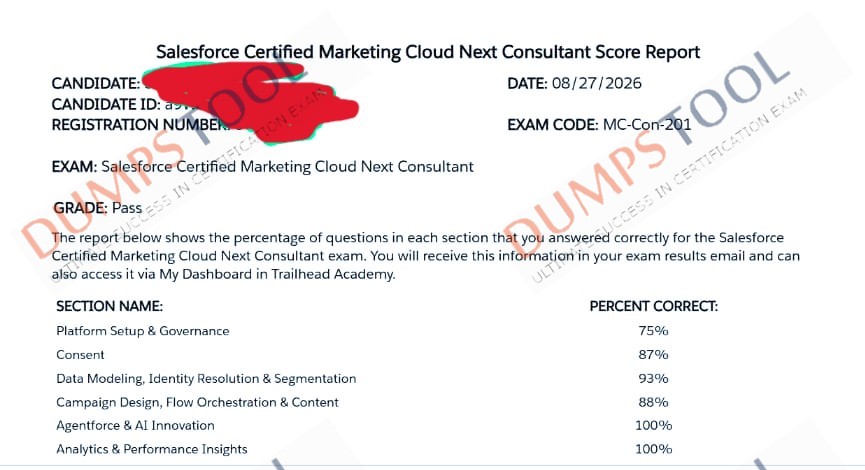 Verified passing score report for the Salesforce MC-Con-201 exam 1