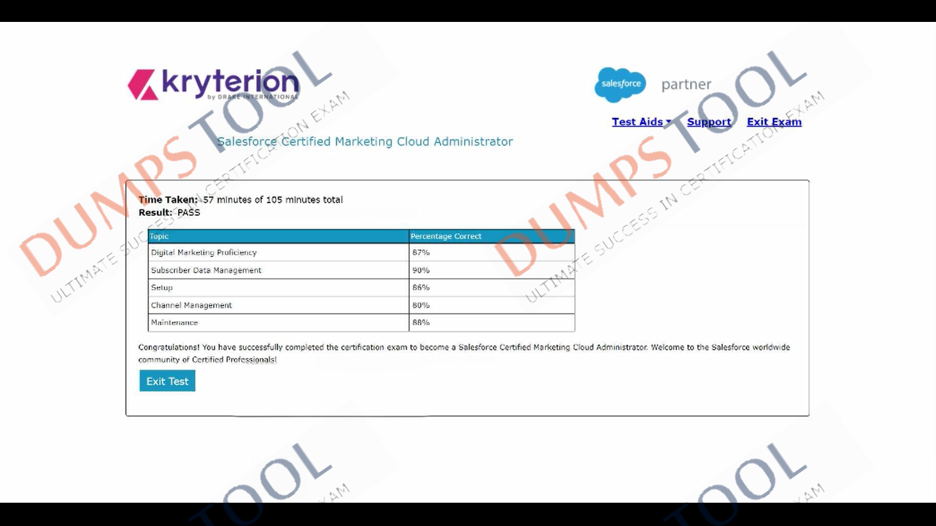 Verified passing score report for the Salesforce Marketing-Cloud-Administrator exam 1