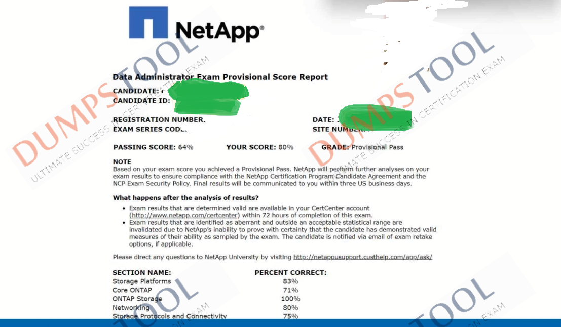 Verified passing score report for the Netapp NS0-162 exam 1