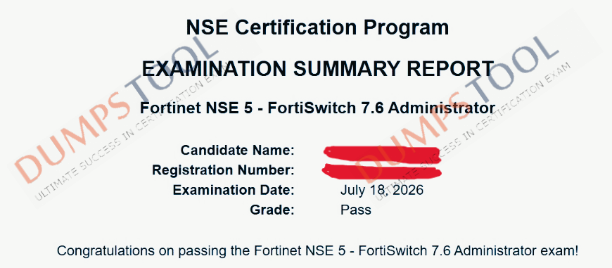 Verified passing score report for the Fortinet NSE5_FSW_AD-7.6 exam 1