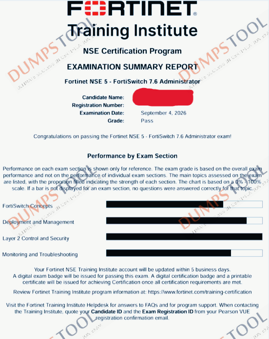 Verified passing score report for the Fortinet NSE5_FSW_AD-7.6 exam 2