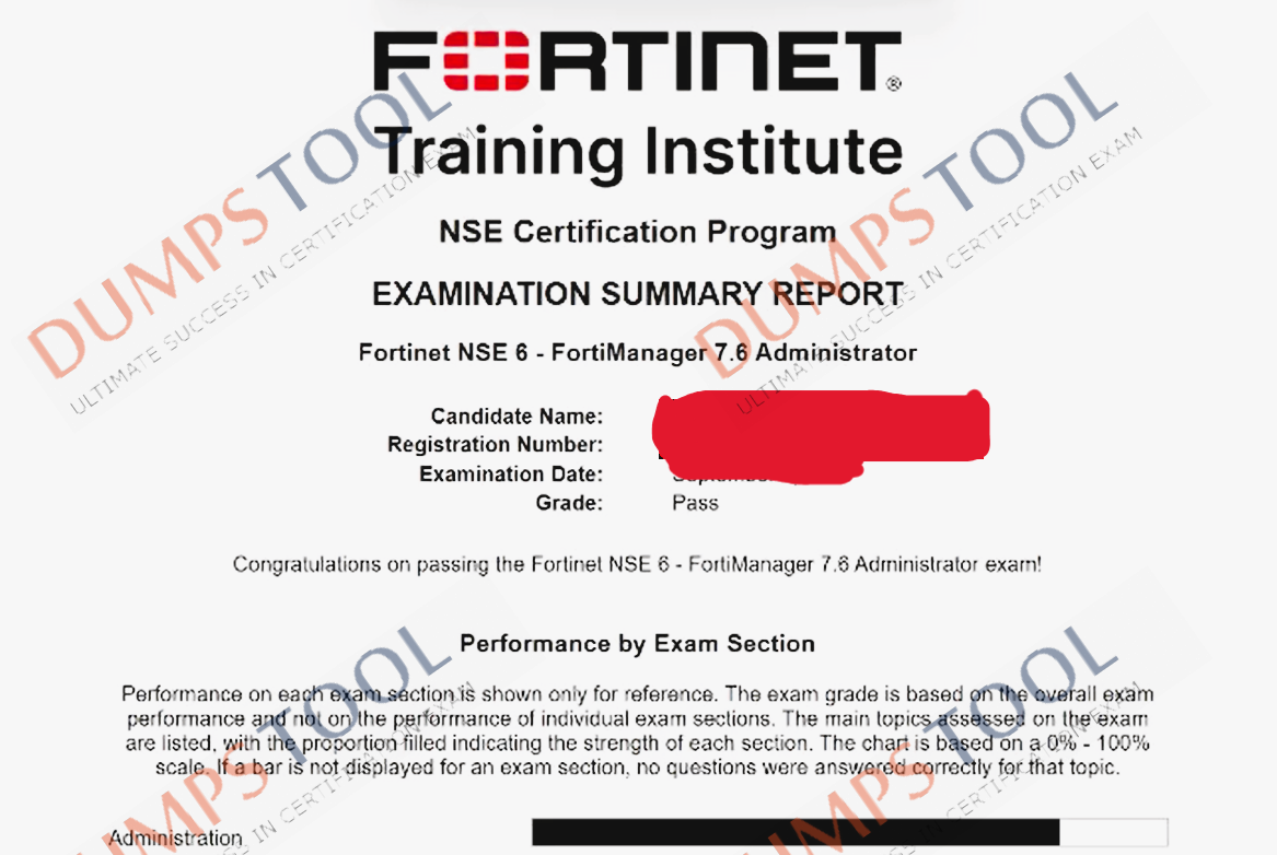 Verified passing score report for the Fortinet NSE6_FMG_AD-7.6 exam 1