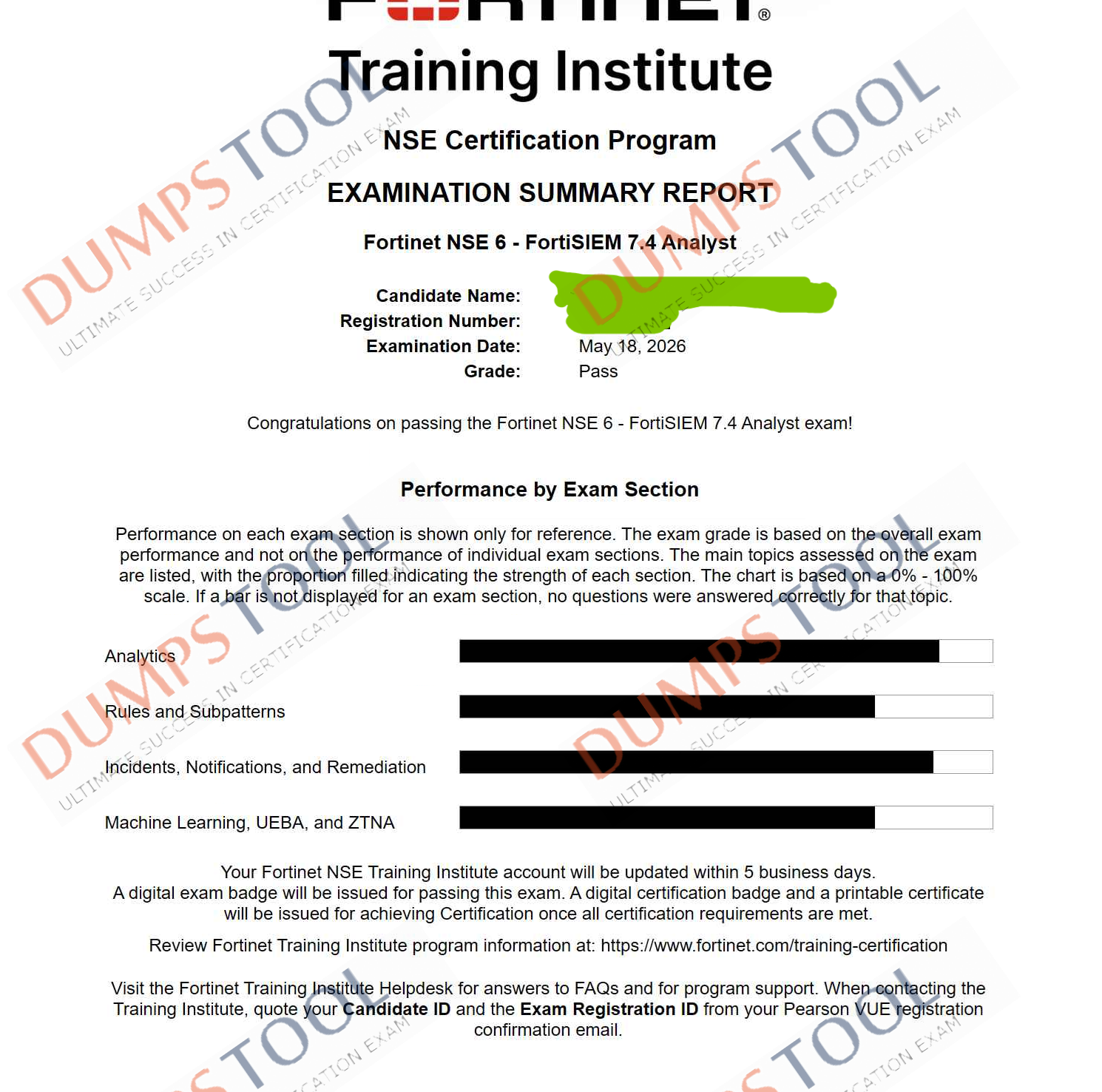 Verified passing score report for the Fortinet NSE6_FSM_AN-7.4 exam 2