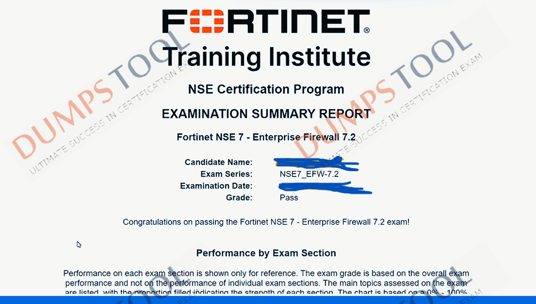 Verified passing score report for the Fortinet NSE7_EFW-7.2 exam 4