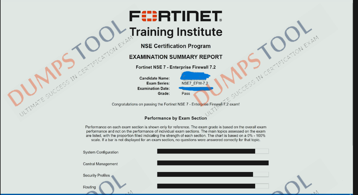 Verified passing score report for the Fortinet NSE7_EFW-7.2 exam 1