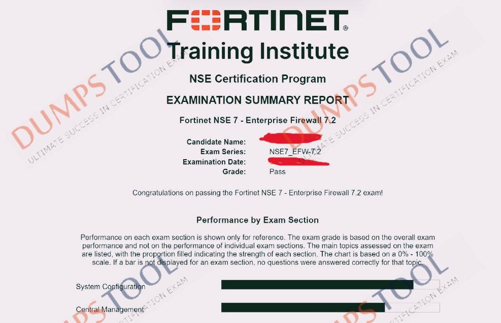 Verified passing score report for the Fortinet NSE7_EFW-7.2 exam 2