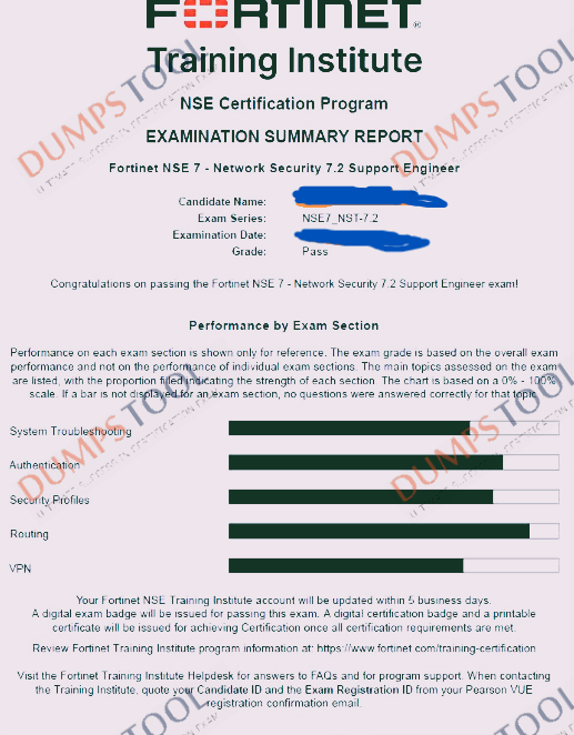 Verified passing score report for the Fortinet NSE7_NST-7.2 exam 1