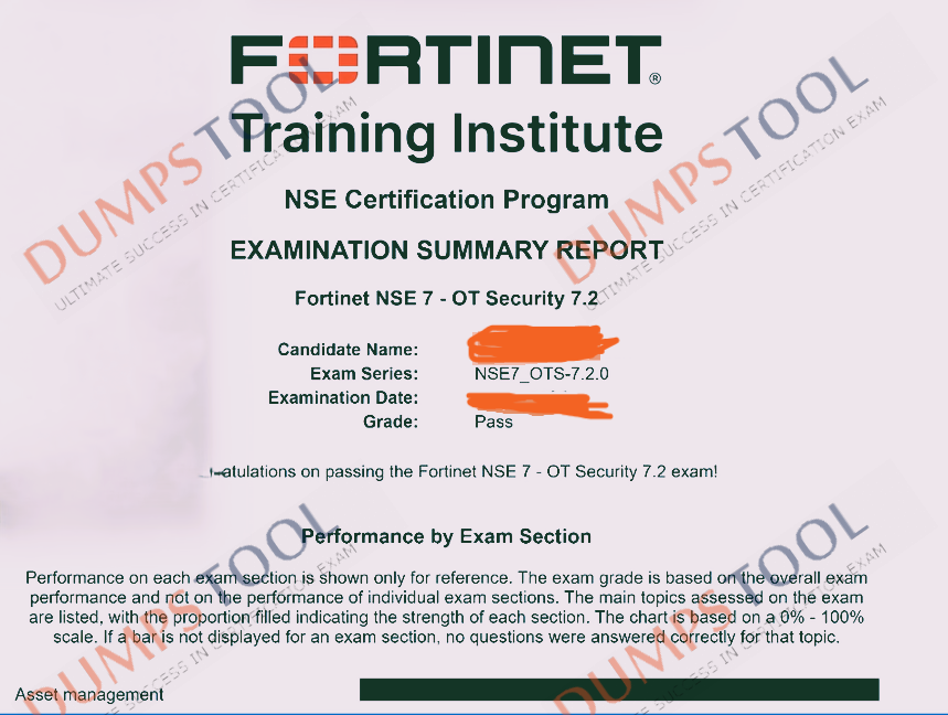 Verified passing score report for the Fortinet NSE7_OTS-7.2 exam 1