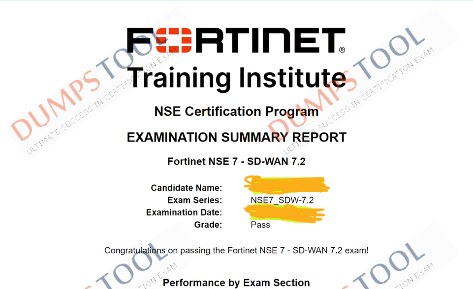 Verified passing score report for the Fortinet NSE7_SDW-7.2 exam 5