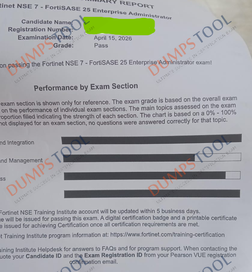 Verified passing score report for the Fortinet NSE7_SSE_AD-25 exam 5