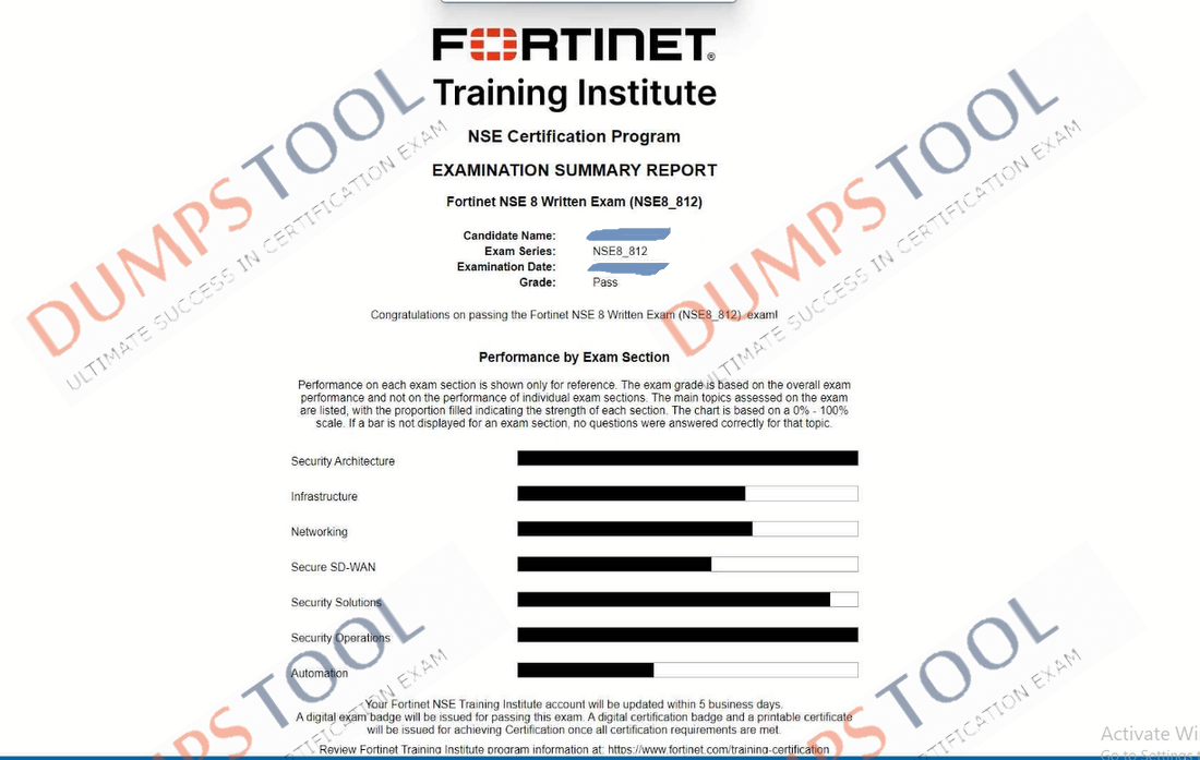 Verified passing score report for the Fortinet NSE8_812 exam 2
