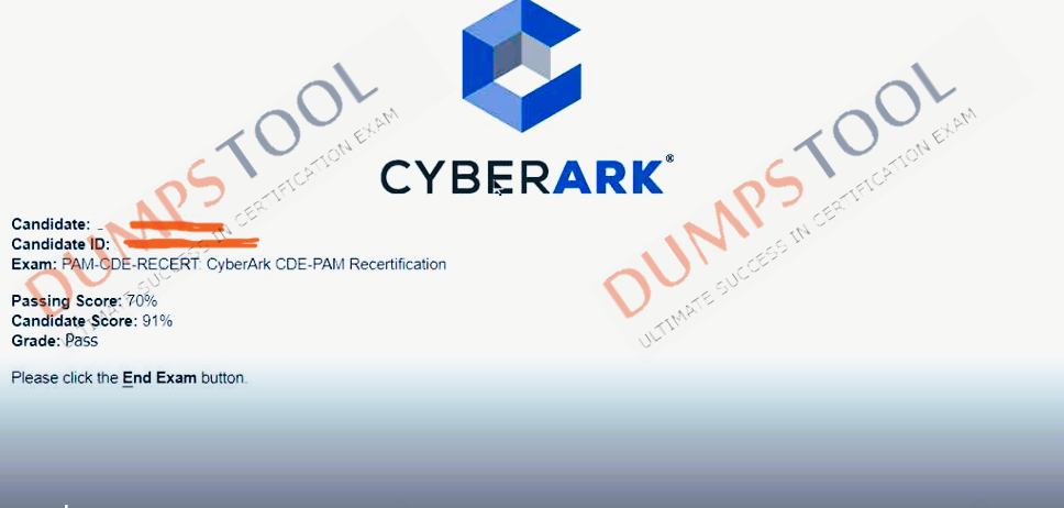 Verified passing score report for the CyberArk PAM-CDE-RECERT exam 1