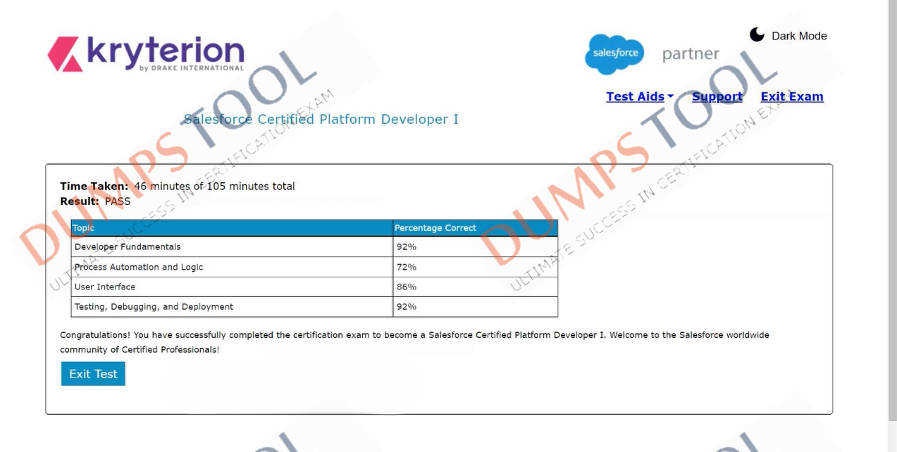 Verified passing score report for the Salesforce PDI exam 1