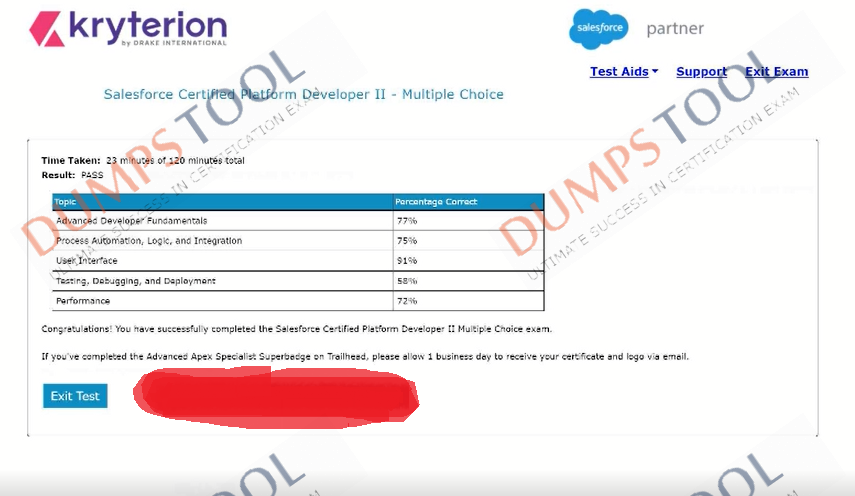 Verified passing score report for the Salesforce PDII exam 1