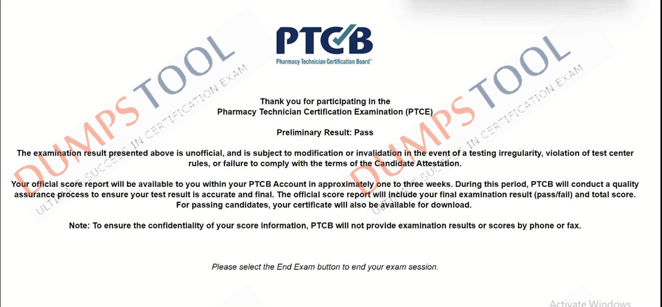 Verified passing score report for the PTCB PTCE exam 1