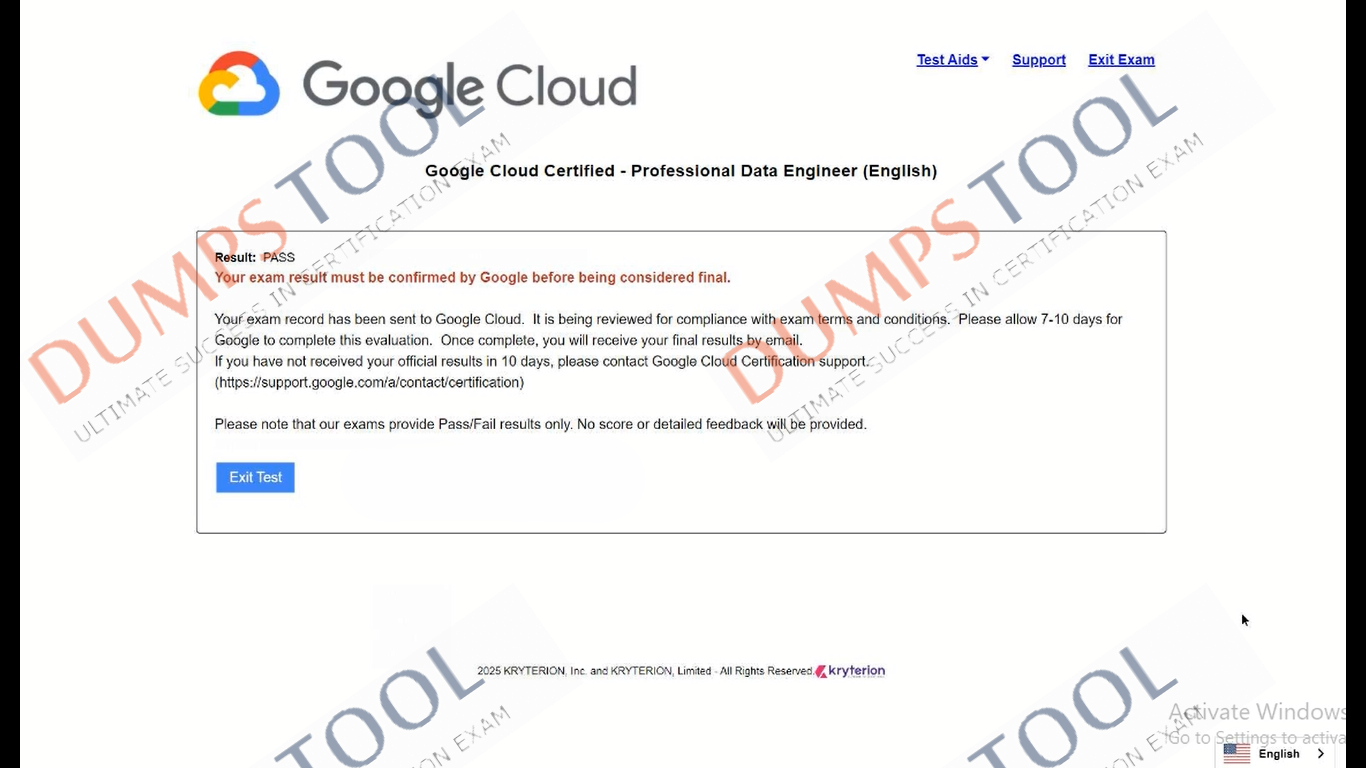 Verified passing score report for the Google Professional-Data-Engineer exam 1