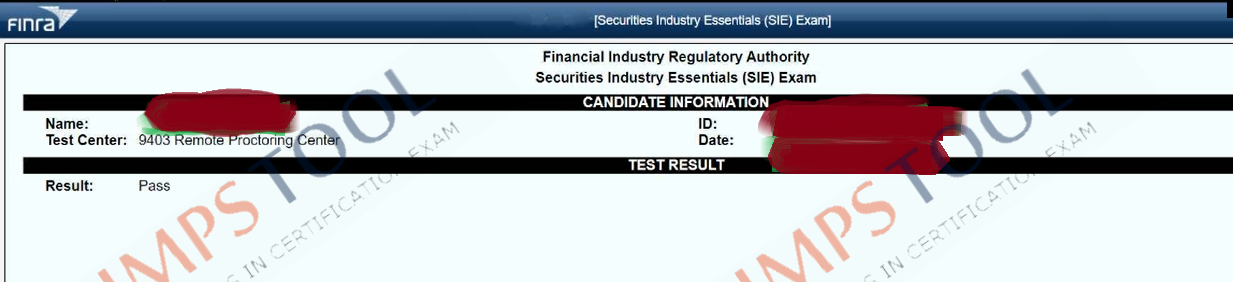 Verified passing score report for the FINRA SIE exam 1