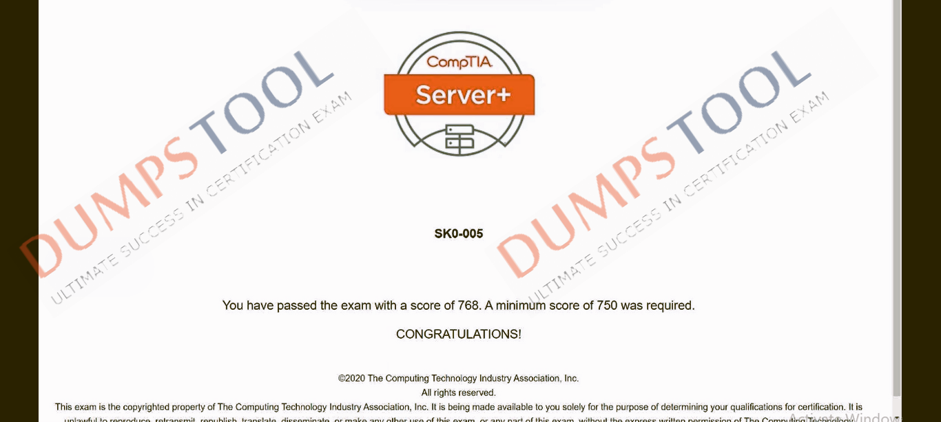 Verified passing score report for the CompTIA SK0-005 exam 2