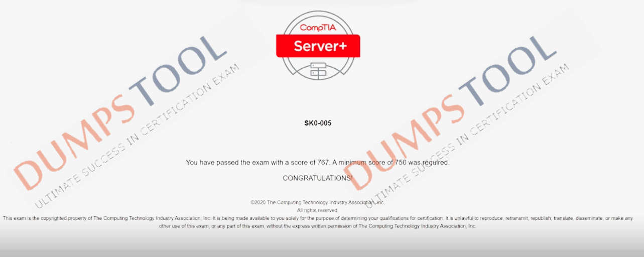 Verified passing score report for the CompTIA SK0-005 exam 1