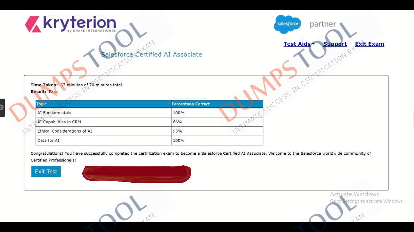 Verified passing score report for the Salesforce Salesforce-AI-Associate exam 1