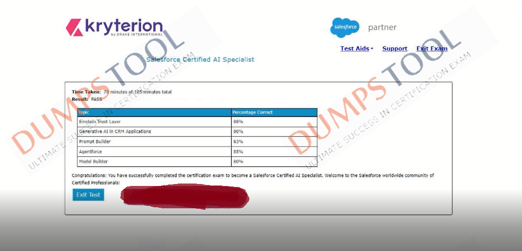 Verified passing score report for the Salesforce Salesforce-AI-Specialist exam 1
