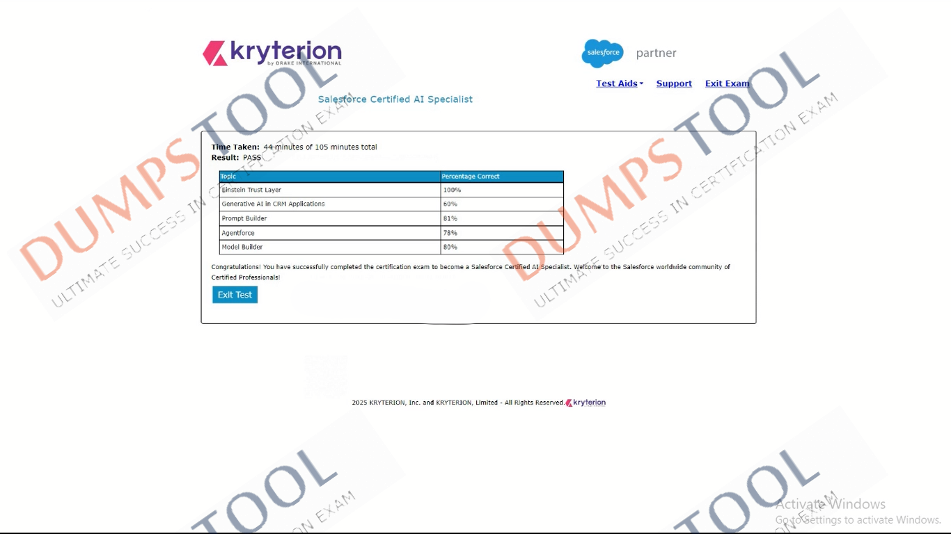 Verified passing score report for the Salesforce Salesforce-AI-Specialist exam 2