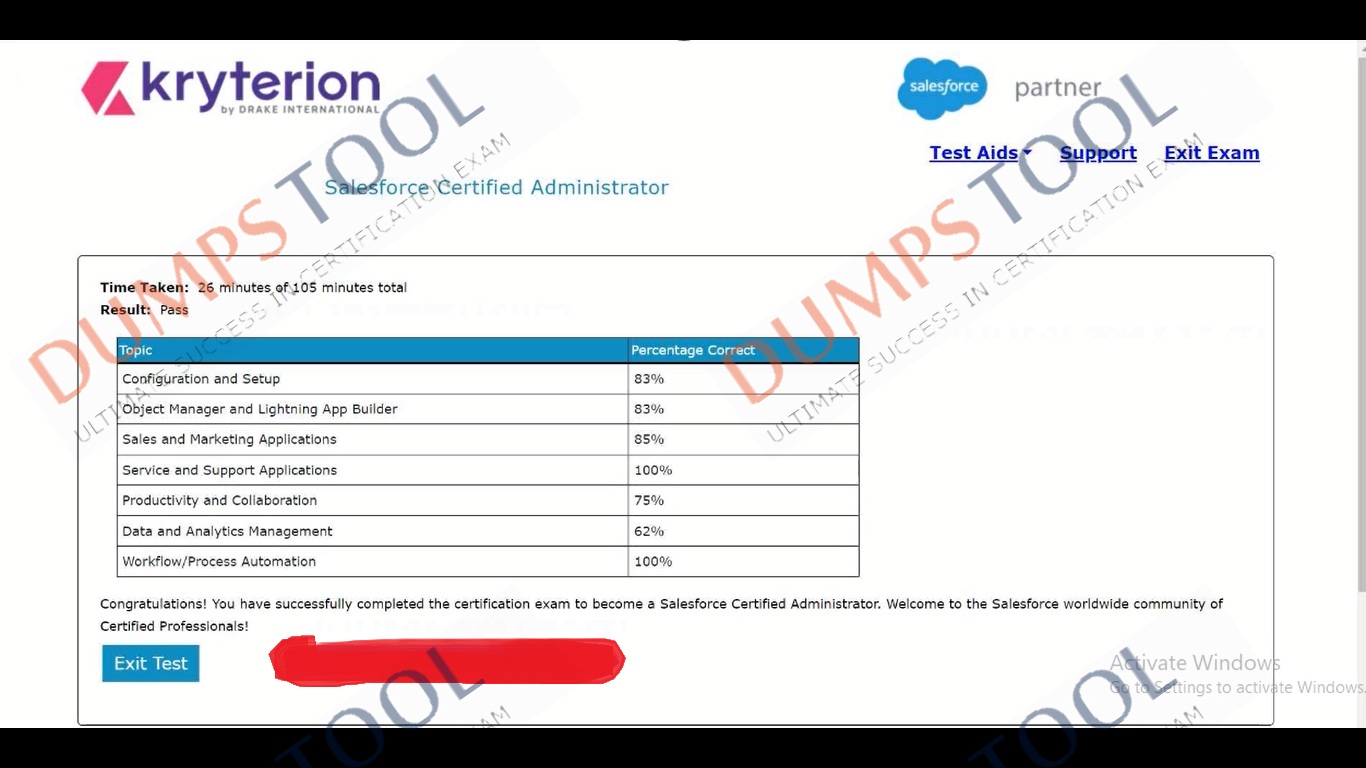 Verified passing score report for the Salesforce Salesforce-Certified-Administrator exam 1