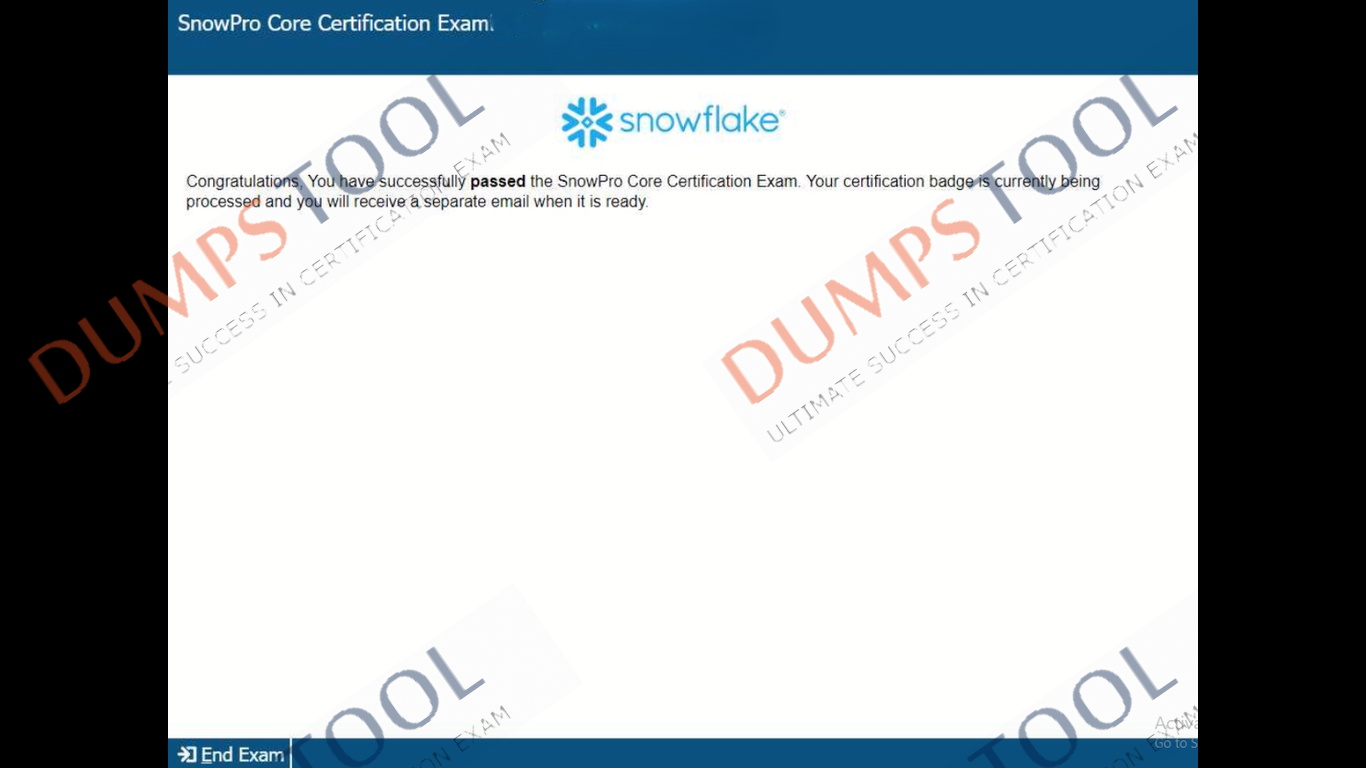 Verified passing score report for the Snowflake SnowPro-Core exam 3