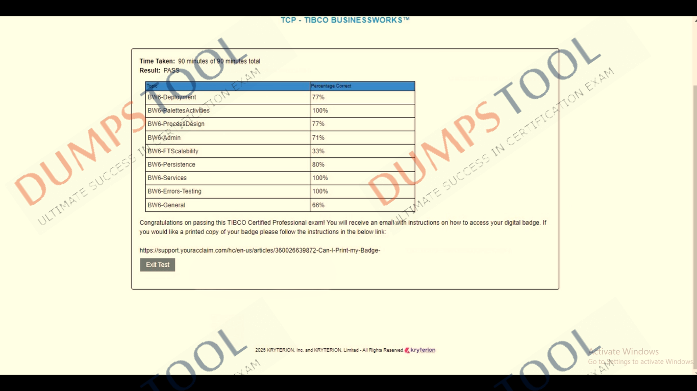 Verified passing score report for the Tibco TCA-Tibco-BusinessWorks exam 1