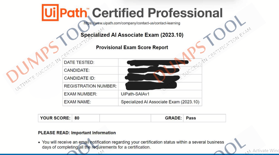 Verified passing score report for the UiPath UiPath-SAIAv1 exam 1