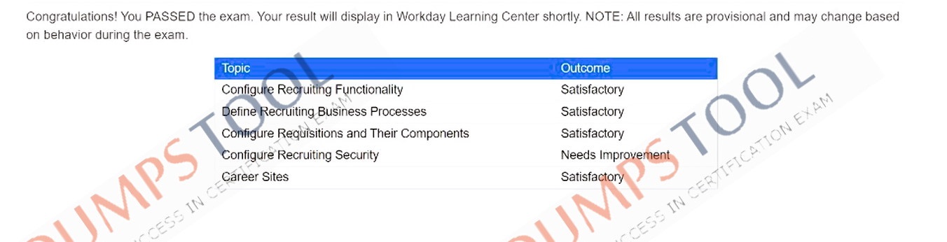 Verified passing score report for the Workday Workday-Pro-Recruiting exam 1